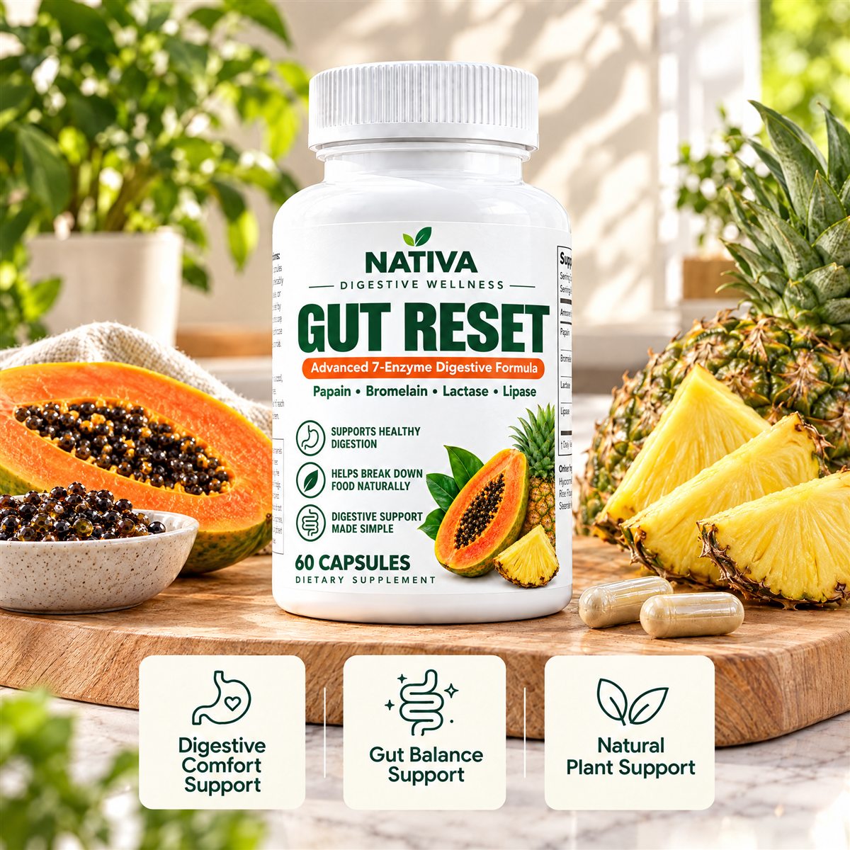 The Nativa Gut Reset bottle on a kitchen counter with papaya and pineapple