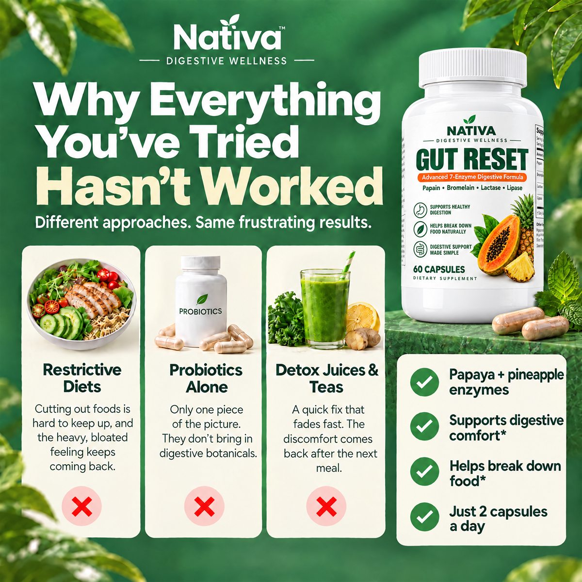 Why restrictive diets, probiotics alone and detox teas fall short, next to the Nativa bottle