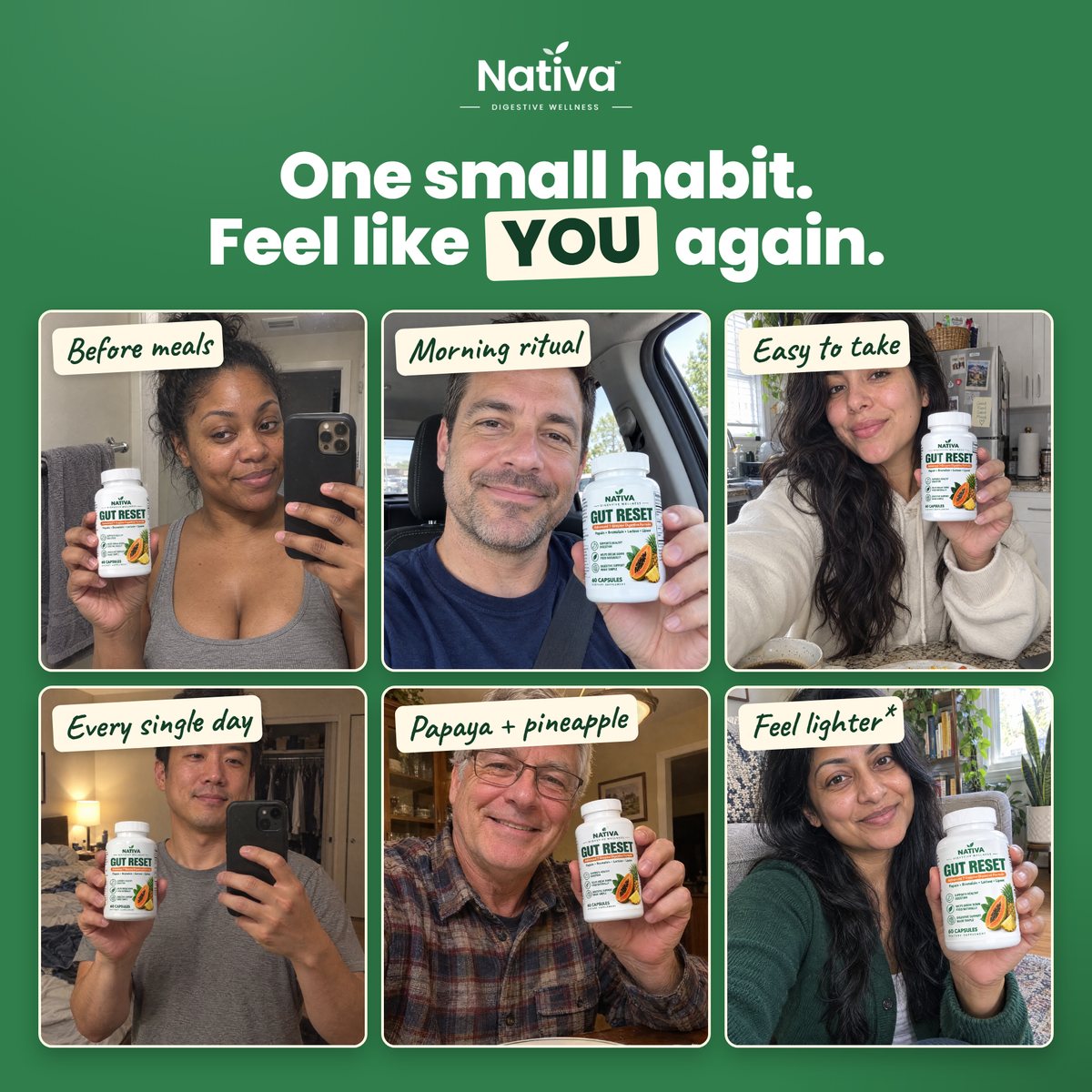 Six people holding the Nativa bottle at home